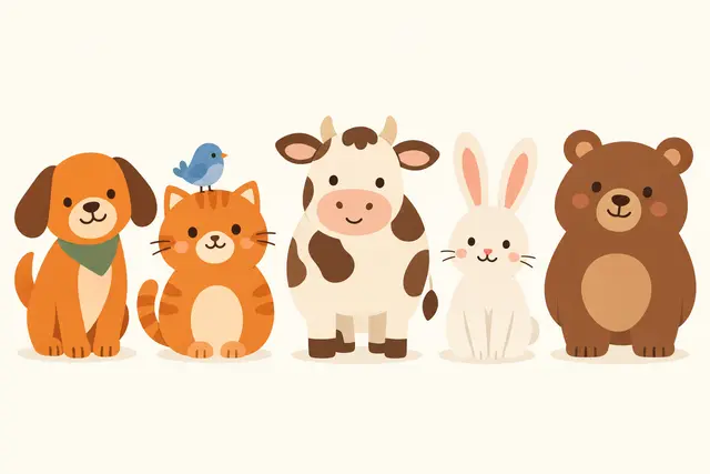 Cute cartoon dog, cat, bird, cow, bunny and bear standing in a row, representing our animal puns collections
